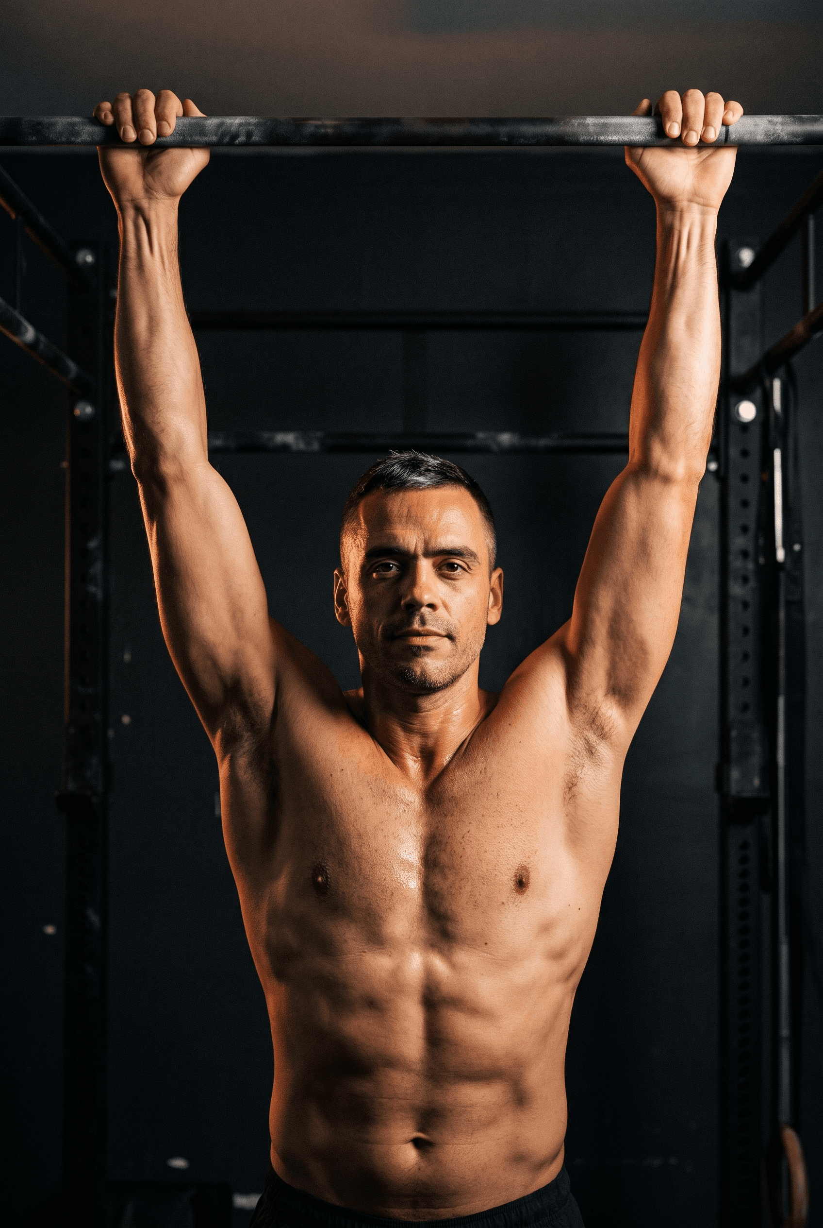 Man in his 40s training on a pull-up bar