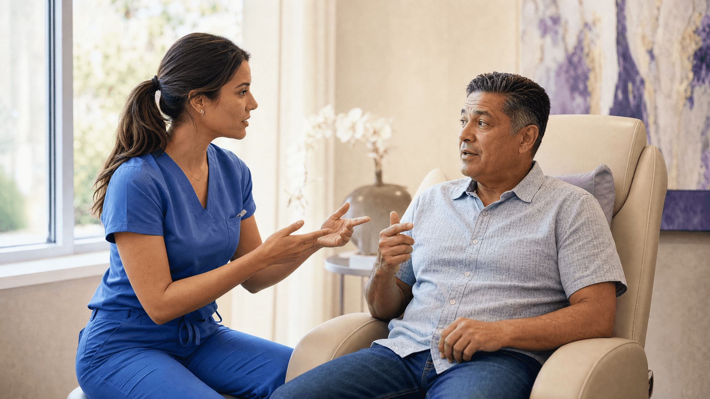 A nurse practitioner talking a patient through what to expect before a procedure