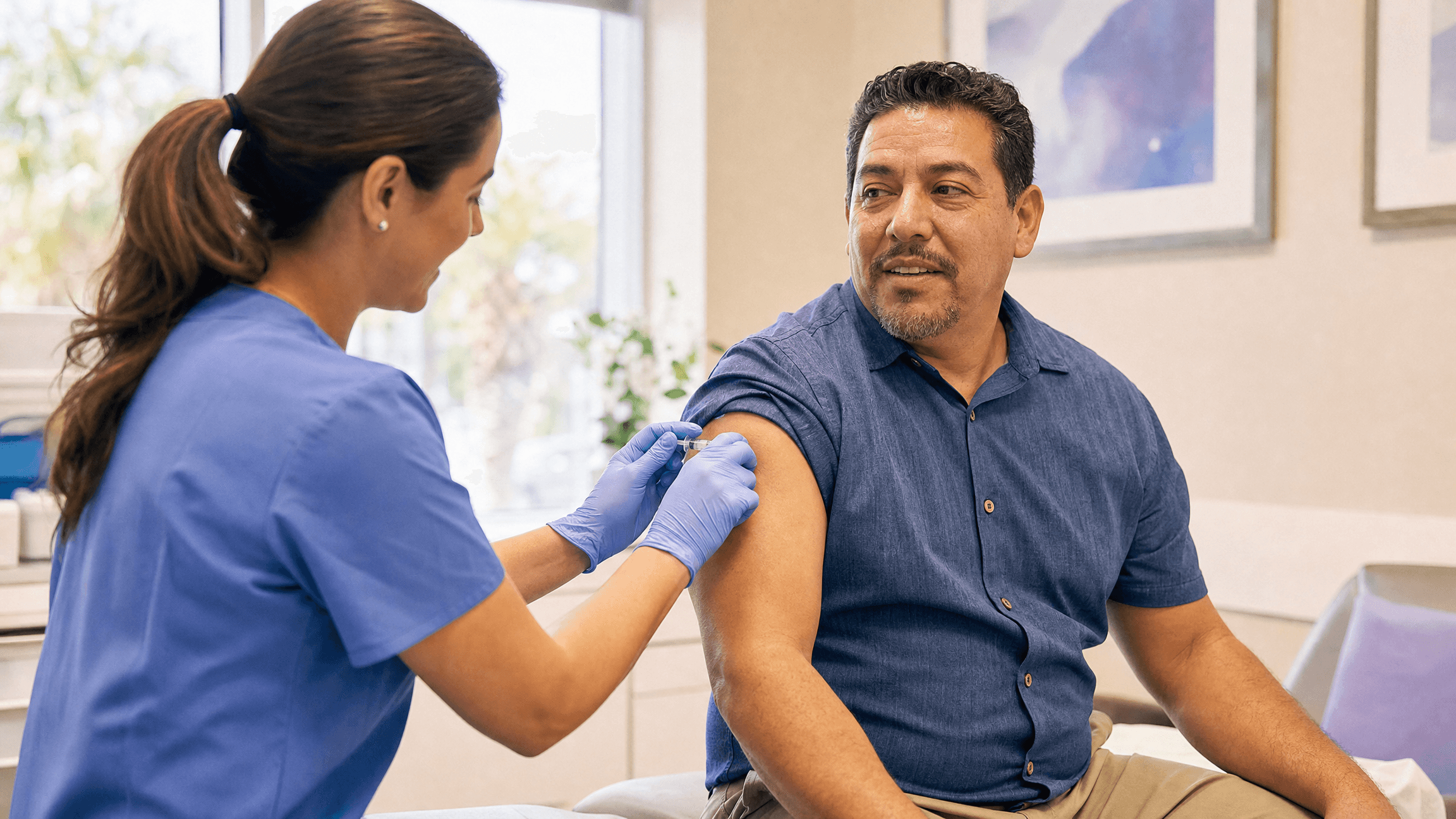 A nurse giving a quick intramuscular injection to a seated patient's upper arm
